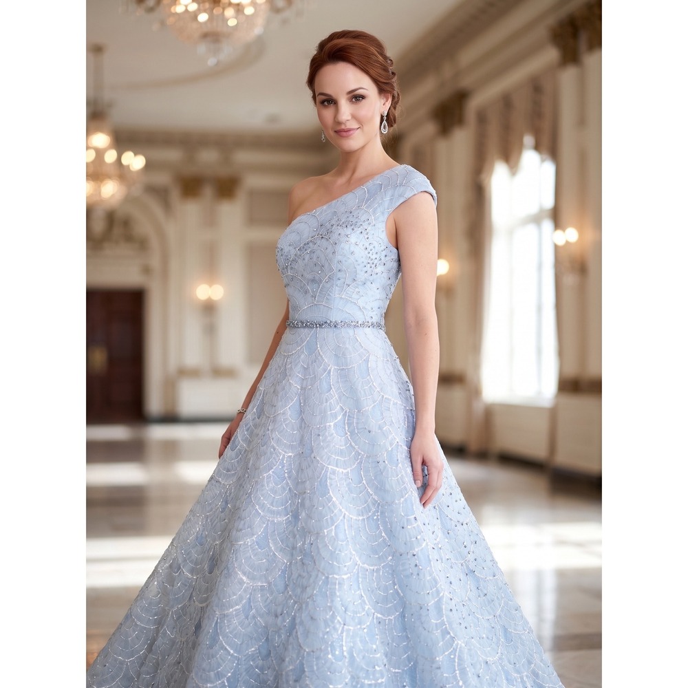 Sherri Hill Couture Size 2 Blue One Shoulder Beaded Pageant Ball Gown Prom Dress